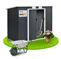 Juskys Gerätehaus Metall 4 m² – Geräteschuppen mit Pultdach, Schiebetür & Fundamentrahmen, kleines Gartenhaus als Gartenschrank 213x130x173 cm – Anthrazit