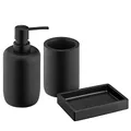 Navaris Badezimmer Set Schwarz 3-teilig - Seifenspender und Zahnputzbecher Set mit Seifenschale - Dekoratives Badzubehör - Bad Accessoires aus Kunstharz - Design matt