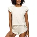 DKaren Damen Schlafanzug Set Lulu XXL - Zweiteiler Damen Pyjama - Loungewear mit Kurzen Ärmeln und Shorts - Nachtwäsche Damen mit Tasche und Rüschen - Pjama Set Kurz Ecru