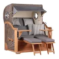 MR. DEKO® Strandkorb Baltikum 2,5-Sitzer Teak | PE Geflecht Grey | Volllieger Strandkörbe aus Teakholz mit 2 Bullaugen & Fußablagen | Polster mit 4 Kissen | Strandstuhl (Dessin 544)