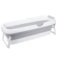 HelloBath® Faltbare Badewanne XXL 156x60x48 cm für Erwachsene | Tragbare Badewanne mit Kopfstütze & verlängerbarem Ablaufschlauch (3 m) | Mobile für Dusche & Outdoor – Hellgrau