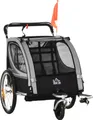 HOMCOM 2 in 1 Kinderanhänger klappbar Fahrradanhänger mit abnehmbarem Vorderrad, Hinterradbremsen, Kinderfahrradanhänger für 2 Kinder ab 18 Monate, bis 26,4 kg belastbar, Grau