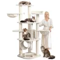 HAPPYPET Großer Kratzbaum Stabil 'Parker' 171 cm - 11 cm Stämme, Haus & Spieltunnel, Große Liegemulden, Kratzrolle, Kletterbaum XXL Katzenbaum für Katzen, Creme