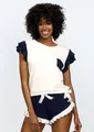 DKaren Schlafanzug Damen Kurzarm Pyjama Shorty Rüschen Nachtwäsche (Set, 2 tlg., Kurzarmshirt + Kurze Hose), Marine