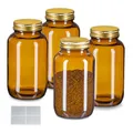 Relaxdays Braungläser, 4er Set, 400 ml, mit Deckel & Etiketten, Kräutergläser Medizin, Gewürze, Vorratsdosen, braun/Gold