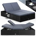 CASARIA® Sonnenliege 2 Personen mit Klapptisch Gartenliege 7cm Auflagen Wetterfest 220kg Belastbar Liegestuhl Verstellbar Schwarz Anthrazit 200x115cm