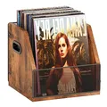 Homeiju Schallplatten-Aufbewahrungskiste aus Metall und Holz, für bis zu 60 Schallplatten, rustikales Braun, Schwarz (1 Pack), tragbar, für den Innenbereich, Musikaufbewahrung, allgemeine Aufbewahrung