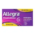 Allegra Allergie Tabletten | 6 Stk | Antiallergikum | Wirkstoff Bilastin | schnell und 24 Std wirksam bei Heuschnupfen, Tierhaarallergie, Hausstauballergie, Nesselsucht (Urtikaria)