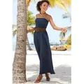 Maxikleid LASCANA, Damen, Gr. 38, N-Gr, blau (marine), Jersey, Obermaterial: 95% Viskose, 5% Elasthan, unifarben, modisch, figurbetont bodenlang, ohne Ärmel, Kleider, mit schmalem Oberteil und Taschen, schulterfrei, Sommerkleid, Basic
