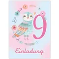 JUNAPACK Einladungskarten Eule Einladungen zum 9. Kindergeburtstag Karten Mädchen Waldtiere, Einladungskarten mit Eule Waldtiere zum neunten Kindergeburtstag