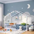 Bellabino Bia Kinderbett 80x160 cm – Hausbett mit Rausfallschutz & Lattenrost – Montessori Bodenbett aus Massivholz Kiefer – Kinder Bett in Weiß für Jungen und Mädchen