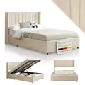 Juskys Polsterbett Savona 120x200 cm, Bett mit Stauraum, Lattenrost, Samt-Bezug, Bettgestell aus Holz, bis 250 kg, großes Kopfteil, Beige
