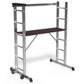 VOUNOT Alu Gerüst & Mehrzweckleiter 3-in-1, Rollgerüst, Treppenleiter, Arbeitsbühne klappbar, Baugerüst – Belastbar bis 150 kg, Silber